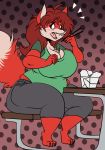  anthro barefoot big_breasts blush breasts canine chinese_food chopsticks claws cleavage clothed clothing fangs female food fox green_eyes hair long_hair mammal overweight overweight_female red_hair solo spilling surprise sweat thick_thighs vicki_valentine volkenfox wide_hips 