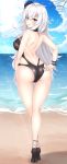  adjusting_clothes adjusting_swimsuit ass azur_lane back bangs beach black_flower black_footwear black_rose black_swimsuit breasts cleavage crossed_legs dated day eyebrows_visible_through_hair flower from_behind full_body graf_zeppelin_(azur_lane) hair_between_eyes hair_flower hair_ornament high_heels highres large_breasts light_rays long_hair looking_at_viewer looking_back messy_hair ocean one-piece_swimsuit outdoors parted_lips purple_eyes rose sand shoulder_blades sidelocks signature silver_hair skindentation solo sunlight swimsuit thighs twitter_username unel very_long_hair watson_cross wrist_straps 