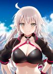  ahoge bikini black_bikini_top black_jacket blue_sky blush breasts choker cleavage cloud collarbone day fate/grand_order fate_(series) hand_on_hip highres jacket jeanne_d'arc_(alter_swimsuit_berserker) jeanne_d'arc_(fate)_(all) katana large_breasts long_hair looking_at_viewer murakami_yuichi o-ring ocean shrug_(clothing) sky smile solo sparkle swimsuit sword tentacles very_long_hair weapon yellow_eyes 