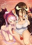  albedo aokihoshi apron ass barefoot black_hair black_wings bow breasts cleavage collarbone commentary_request demon_girl demon_horns demon_wings dress feathered_wings feathers hair_between_eyes horns ichigeki-kun large_breasts long_hair low_wings multicolored multicolored_background multiple_girls naked_apron nude orange_background overlord_(maruyama) ponytail red_eyes shalltear_bloodfallen silver_hair slit_pupils small_breasts smile white_dress wings yellow_eyes 