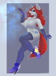  2018 5_fingers anthro areola blue_eyes breasts clothing cutie_mark digital_media_(artwork) equine eyewear fan_character female glasses gloves hair horn mammal my_little_pony navel nipples open_mouth red_hair savemekitty simple_background solo standing tongue unicorn 