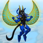  2017 anthro armor black_fur black_hair breasts cat cosplay egyptian excited feline female flying fur hair mammal may825 middles nefermasi nipples overwatch pharah sky smile solo straight_hair theviewer34 ultimate vid vid17 video_games wings yellow_ears yellow_nipples 