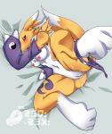  2016 anthro armwear black_sclera blush breasts bridal_gauntlets canine clothing countershading digimon digimon_(species) dipstick_tail female fur hi_res mammal multicolored_fur multicolored_tail nipples pussy pussy_juice renamon solo tea-redrex two_tone_fur two_tone_tail white_fur white_tail yellow_fur yellow_tail yin_yang 