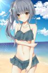  absurdres bangs bare_arms bare_shoulders beach bikini blue_sky blush breasts brown_eyes cleavage closed_mouth cloud collarbone commentary_request day eyebrows_visible_through_hair green_bikini grey_ribbon groin hair_between_eyes hair_ribbon highres horizon kantai_collection kasumi_(kantai_collection) long_hair looking_away looking_to_the_side medium_breasts navel ocean outdoors ribbon sand side_ponytail sidelocks sky solo standing swimsuit translation_request uzuki_tsukuyo very_long_hair water 