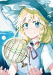  alternate_eye_color blonde_hair blue_eyes braid bubble commentary cover cover_page globe hair_ribbon hat kirisame_marisa looking_at_viewer neck_ribbon night night_sky ribbon sakuraba_yuuki side_braid single_braid sky smile solo touhou upper_body vest witch_hat 