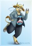  2018 anthro barefoot blue_eyes bovine breasts catnamedfish cattle clothed clothing digital_media_(artwork) female gay_pride hooves looking_at_viewer mammal pride_flag simple_background slightly_chubby smile transgender_pride_flag visibly_trans 