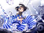  bangs black_gloves black_hair blue_dress blue_eyes blush breasts chestnut_mouth commentary_request dress eyebrows_visible_through_hair gloves hair_between_eyes holding nardack original short_hair solo striped striped_dress swept_bangs 