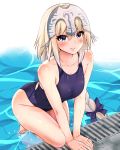  absurdres arm_support bare_arms bare_legs barefoot blonde_hair blue_eyes blue_swimsuit braid breasts commentary_request contemporary drain_(object) eyebrows_visible_through_hair fate/grand_order fate_(series) hair_between_eyes headpiece highres jeanne_d'arc_(fate) jeanne_d'arc_(fate)_(all) large_breasts long_braid long_hair looking_at_viewer one-piece_swimsuit pool poolside sarfata single_braid smile solo swimsuit very_long_hair wading wet wet_clothes 