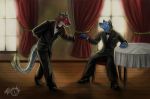  2012 anthro black_nose blue_fur canine chair chimera clothed clothing digital_media_(artwork) dog duo fangs footwear fully_clothed fur hybrid inside male mammal red_fur shoes sitting smile standing striped_tail stripes trunorth tuxedo whiskers window 