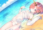  arm_garter bandages beach blue_sky bracelet breasts cloud day detached_sleeves fate/grand_order fate_(series) frankenstein's_monster_(fate) frankenstein's_monster_(swimsuit_saber)_(fate) hair_ornament hair_over_one_eye horns jewelry looking_at_viewer lying medium_breasts navel ocean on_back pink_hair purple_eyes short_hair single_detached_sleeve sky sleeves_past_fingers sleeves_past_wrists solo suzuho_hotaru 
