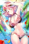  arm_up armpits ass_visible_through_thighs bangs beach blush breasts choker chopsticks cleavage collarbone commentary_request day flower flower_bikini groin guki_(houchi_shoujo) hair_flower hair_ornament hair_up hairpin hand_up head_tilt hibiscus houchi_shoujo jewelry koyama_sao large_breasts long_hair looking_at_viewer lying navel necklace ocean on_back one_eye_closed open_mouth palm_leaf partially_submerged pink_eyes pink_hair sand sidelocks solo sparkle stomach swimsuit tareme tassel thighs 