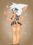  big_breasts blackbetty breasts clothed clothing dessert eyeshadow female food ice_cream looking_at_viewer makeup mammal rear_view rouge_the_bat side_boob simple_background skirt sonic_(series) video_games 