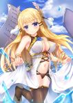  armpits azur_lane bangs bare_shoulders barefoot black_legwear black_panties blonde_hair blue_eyes blush breasts cannon cleavage closed_mouth cloud commentary_request covered_nipples day dress dress_lift eyebrows_visible_through_hair eyelashes fingernails flight_deck floating_hair flower_ornament groin hair_ornament hair_ribbon head_tilt highleg highleg_panties highres large_breasts laurel_crown leg_up lifted_by_self long_hair looking_at_viewer md5_mismatch navel no_bra no_shoes ocean outdoors panties revision ribbon rigging ruby_(stone) skindentation skirt_hold sky sleeveless sleeveless_dress smile solo splashing ss851251 standing standing_on_liquid standing_on_one_leg stirrup_legwear stomach thighhighs thighs toeless_legwear turret underwear veil victorious_(azur_lane) water_drop wrist_ribbon yellow_ribbon 