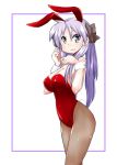  animal_ears bare_shoulders black_ribbon blue_eyes blush breasts bunny_ears bunny_tail bunnysuit cleavage commentary_request covered_navel eyebrows_visible_through_hair fake_animal_ears hair_ribbon hiiragi_kagami lavender_hair long_hair looking_at_viewer lucky_star medium_breasts mizushima_(p201112) open_mouth pantyhose ribbon simple_background solo tail twintails white_background wrist_cuffs 