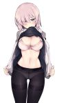  black_legwear black_shirt bra breasts collared_shirt cowboy_shot eyebrows_visible_through_hair eyes_visible_through_hair fate/grand_order fate_(series) hair_over_one_eye highres jacket jp06 large_breasts lifted_by_self looking_at_viewer lying mash_kyrielight on_back open_clothes open_jacket panties panties_under_pantyhose pantyhose purple_eyes purple_hair shirt short_hair simple_background solo stomach thighband_pantyhose underwear white_bra 