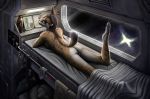  2018 anthro bed book butt canine detailed ear_piercing fay_spaniel feline female mammal mdigamma1 miyu_lynx nintendo nude piercing pussy sleeping space star_fox video_games 
