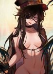  :p bikini_top black_bikini_top black_choker black_gloves breasts brown_hair choker eyepatch fate/grand_order fate_(series) gloves groin hat long_hair looking_at_viewer marchab_66 medium_breasts navel oda_nobunaga_(fate) out-of-frame_censoring red_eyes solo tongue tongue_out twitter_username upper_body 
