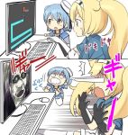  2girls 2koma ahenn blonde_hair blue_eyes blue_shirt breast_pocket breasts buttons comic commentary computer crying crying_with_eyes_open foaming_at_the_mouth gambier_bay_(kantai_collection) gloves hairband kantai_collection keyboard_(computer) large_breasts long_hair monitor mouse_(computer) mousepad multiple_girls playing_games pocket samuel_b._roberts_(kantai_collection) scared scary_maze_game screamer shirt short_sleeves tearing_up tears the_exorcist twintails 