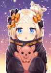  2018 :o abigail_williams_(fate/grand_order) bangs black_bow black_jacket blonde_hair blue_eyes bow breasts commentary_request crossed_bandaids eyebrows_visible_through_hair fate/grand_order fate_(series) hair_bow hair_bun heart heroic_spirit_traveling_outfit highres holding holding_stuffed_animal jacket long_hair long_sleeves looking_at_viewer orange_bow parted_bangs parted_lips polka_dot polka_dot_bow round_teeth sasha_chii signature sleeves_past_fingers sleeves_past_wrists solo sparkle_background stuffed_animal stuffed_toy teddy_bear teeth upper_teeth 