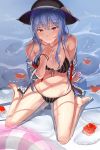  bare_legs bare_shoulders barefoot bikini black_bikini black_hat blue_hair blush breasts collarbone commentary_request eyebrows_visible_through_hair flower food from_above front-tie_bikini front-tie_top fruit full_body groin hair_between_eyes hand_up hat hibiscus highres hinanawi_tenshi innertube large_breasts leaf long_hair looking_at_viewer navel neropaso off_shoulder older open_clothes open_shirt peach red_eyes red_flower red_ribbon ribbon shiny shiny_skin shirt side-tie_bikini sidelocks sitting solo stomach striped swimsuit thighs touhou vertical-striped_bikini vertical_stripes very_long_hair wariza water wet white_shirt 