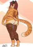  anthro bagelcollector butt clothing feline female fur hair legwear looking_back makeup mammal mascara nude panties signature simple_background solo standing stockings thick_thighs tiger underwear 