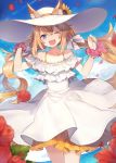  ;d animal_ear_fluff animal_ears bangs bare_shoulders blue_eyes blue_sky blush bracelet cloud collarbone commentary_request day dress ears_through_headwear eyebrows_visible_through_hair fangs fox_ears fox_girl fox_tail hair_between_eyes hat horizon jewelry light_brown_hair long_hair looking_at_viewer motion_blur ocean off-shoulder_dress off_shoulder one_eye_closed open_mouth original outdoors partial_commentary pearl_bracelet petals shugao sky smile solo sun_hat tail very_long_hair water white_dress white_hat 