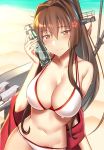  alternate_costume arm_support bare_shoulders beach blush bottle breasts brown_eyes brown_hair cannon cleavage collarbone commentary_request day eyebrows_visible_through_hair flower hair_flower hair_ornament half-closed_eyes head_tilt headgear holding holding_bottle kantai_collection large_breasts long_hair looking_at_viewer machinery navel ocean off_shoulder oriental_umbrella outdoors pallad ponytail ramune rigging sand sitting smile solo sparkle stomach turret umbrella very_long_hair wet yamato_(kantai_collection) 
