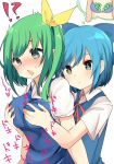  +_+ 2girls @_@ bangs blue_bow blue_bra blue_dress blue_eyes blue_hair blush bow bra breast_envy breast_grab breast_padding breasts cirno commentary_request daiyousei dress drooling grabbing green_hair groping hair_between_eyes hair_bow hair_ribbon heart highres karasusou_nano large_breasts multiple_girls neck_ribbon nose_blush one_side_up open_mouth pinafore_dress power-up puffy_short_sleeves puffy_sleeves red_neckwear red_ribbon ribbon shirt short_hair short_sleeves simple_background thought_bubble touhou translation_request underwear upper_body white_background white_shirt wing_collar yellow_ribbon yuri 