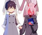  1girl age_progression bangs black_cloak black_hair book child chinese_commentary cloak closed_eyes coat commentary_request couple darling_in_the_franxx dual_persona eyebrows_visible_through_hair fur_coat fur_trim grey_coat hetero hiro_(darling_in_the_franxx) holding holding_book holding_weapon hood hooded_cloak horns long_coat long_hair long_sleeves military military_uniform oni_horns parka pink_hair red_horns red_skin sixteen uniform weapon wide_sleeves winter_clothes winter_coat zero_two_(darling_in_the_franxx) 