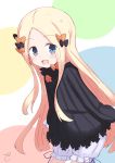  :d abigail_williams_(fate/grand_order) bangs black_bow black_dress blonde_hair bloomers blue_eyes blush bow bug butterfly commentary_request dress eyebrows_visible_through_hair eyes_visible_through_hair fate/grand_order fate_(series) forehead hair_bow highres insect kujou_karasuma leaning_forward long_hair long_sleeves looking_at_viewer no_hat no_headwear open_mouth orange_bow parted_bangs polka_dot polka_dot_bow sleeves_past_fingers sleeves_past_wrists smile solo underwear very_long_hair white_bloomers 