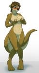  2018 anthro areola big_breasts blue_eyes blush breasts brown_hair embarrassed female hair hand_on_breast implied_transformation mammal mustelid navel nude oter otter pussy short_hair simple_background solo standing white_background 