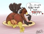  anthro avian bagelcollector big_breasts big_butt bird blush breasts butt dialogue english_text female food fruit huge_breasts huge_butt looking_back nude pumpkin solo text thick_thighs turkey voluptuous 