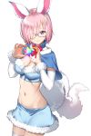  animal_ears black-framed_eyewear blue_bra blue_capelet blue_skirt blush bra breasts capelet cleavage cosplay cowboy_shot detached_sleeves fate/grand_order fate_(series) fou_(fate/grand_order) fou_(fate/grand_order)_(cosplay) fur-trimmed_bra fur-trimmed_capelet fur-trimmed_skirt fur_trim glasses hair_over_one_eye highres lavender_hair long_sleeves looking_at_viewer mash_kyrielight navel purple_eyes red_neckwear saint_quartz saruchitan short_hair skirt smile solo stomach tail thighhighs underwear white_background white_legwear 