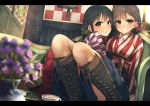  :o absurdres all_fours arm_support bangs black_hair blue_hakama blurry blurry_background blurry_foreground blush boots braid breasts brown_eyes brown_footwear brown_hair chaise_longue checkered checkered_wall collared_shirt comiket_94 commentary_request couch cross-laced_footwear cup depth_of_field dress_shirt eyebrows_visible_through_hair flower green_eyes grin hair_between_eyes hair_ornament hakama hakama_skirt highres huge_filesize indoors japanese_clothes kimono knee_boots knees_up lace-up_boots layered_clothing letterboxed looking_at_viewer medium_breasts multiple_girls on_couch original parted_lips purple_flower red_hakama rerrere shirt sitting smile teacup vase white_shirt yagasuri 