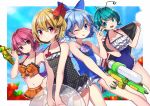  4girls :d ;p absurdres aqua_hair bangs bare_arms bare_shoulders bikini black_swimsuit blonde_hair blue_bow blue_eyes blue_hair blue_sky blush border bow breasts casual_one-piece_swimsuit cirno cleavage cloud collarbone commentary_request cowboy_shot day eyebrows_visible_through_hair fingernails flat_chest flower frilled_bikini frilled_swimsuit frills green_eyes gun hair_between_eyes hair_bow hair_ribbon halterneck hand_on_hip hand_up hands_up head_wings highres holding holding_gun holding_weapon ice ice_wings innertube leaf looking_at_another miniskirt multiple_girls mystia_lorelei nail_polish namauni navel no_hat no_headwear one-piece_swimsuit one_eye_closed open_mouth orange_bikini orange_bow orange_skirt outdoors outside_border pink_eyes pink_hair plaid plaid_bikini pleated_skirt polka_dot polka_dot_swimsuit purple_nails red_bow red_flower red_ribbon ribbon rumia sharp_fingernails short_hair skirt sky small_breasts smile standing stomach striped_towel swimsuit team_9 thighs tongue tongue_out touhou towel unmoving_pattern w water_gun weapon white_border wings wriggle_nightbug 