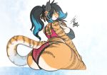  2017 anthro bagelcollector big_breasts big_butt blue_eyes bra breasts butt clothing ear_piercing eyewear feline female fur glasses hair huge_butt lol_comments looking_back mammal multicolored_hair panties piercing ponytail rear_view simple_background sitting smile solo striped_fur stripes tiger underwear voluptuous wide_hips 