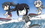  alternate_costume ancient_destroyer_oni black_hair blue_eyes commentary_request dated day drill_hair eyebrows_visible_through_hair hamu_koutarou highres kantai_collection long_hair multiple_girls ocean parted_lips ponytail purple_eyes red_eyes shinkaisei-kan silver_hair smile surfboard surfing waves white_skin yahagi_(kantai_collection) yamagumo_(kantai_collection) 