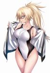  bangs bare_shoulders black-framed_eyewear blonde_hair blue_eyes breasts collarbone commentary_request competition_swimsuit covered_navel fate/grand_order fate_(series) glasses hair_between_eyes highres hips jacket jeanne_d'arc_(fate)_(all) jeanne_d'arc_(swimsuit_archer) large_breasts long_hair looking_at_viewer looking_to_the_side one-piece_swimsuit open_clothes open_jacket simple_background smile solo swimsuit thighs ulrich_(tagaragakuin) whistle white_background white_jacket white_swimsuit zipper 