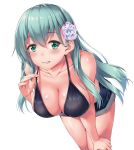  aqua_hair awa_yume bikini black_bikini blush breasts cleavage collarbone cowboy_shot flower green_eyes grip hair_flower hair_ornament hand_on_own_leg kantai_collection large_breasts leaning_forward long_hair looking_at_viewer short_shorts shorts simple_background solo strap_gap strap_pull suzuya_(kantai_collection) swimsuit white_background 