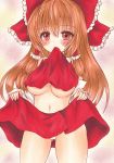  1girl blush breasts brown_hair cameltoe eyebrows_visible_through_hair gluteal_fold hakurei_reimu large_breasts long_hair mouth_hold navel no_bra panties red_eyes shirt_lift skirt skirt_lift solo standing touhou traditional_media underboob underwear waitan1729 white_panties 