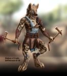  african_wild_dog akita_hanazeen armor axe belly canine clothed clothing dog green_eyes happy hi_res invalid_color leather male mammal melee_weapon pick pinup pose rivets shadowsofcruelty solo spiffydragon teal_eyes warpick weapon wild_dog 
