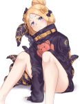  abigail_williams_(fate/grand_order) animal_print bangs between_legs black_bow black_jacket blonde_hair blue_eyes blush bow closed_mouth crossed_bandaids fate/grand_order fate_(series) hair_bow hair_bun hand_between_legs head_tilt heroic_spirit_traveling_outfit holding holding_stuffed_animal jacket long_hair long_sleeves orange_bow parted_bangs polka_dot polka_dot_bow saruno_(eyesonly712) sitting sleeves_past_fingers sleeves_past_wrists solo stuffed_animal stuffed_toy suction_cups teddy_bear tentacles tiger_print white_background 
