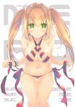  ahoge bikini blonde_hair bracelet breasts cleavage commentary_request criss-cross_halter earrings eyebrows_visible_through_hair fate/grand_order fate_(series) green_eyes hair_intakes halterneck jewelry large_breasts leaning_forward long_hair mitsumi_misato navel nero_claudius_(fate)_(all) nero_claudius_(swimsuit_caster)_(fate) side-tie_bikini skindentation smile solo striped striped_bikini swimsuit twintails 
