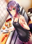  apron black_apron breasts carrot cleavage commentary_request dosu_(doseven) eyebrows_visible_through_hair green_eyes highres kitchen kitchen_knife knife messy_hair naked_apron onion original potato purple_hair short_hair small_breasts solo tiles yuki_(dosu_(doseven)) 