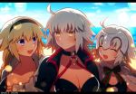  ahoge beach bikini black_bikini black_bikini_top black_jacket blonde_hair blue_eyes blush braid breasts choker cleavage closed_eyes collarbone commentary_request embarrassed eyebrows_visible_through_hair fate/grand_order fate_(series) hairband hood jacket jeanne_d'arc_(alter_swimsuit_berserker) jeanne_d'arc_(fate)_(all) jeanne_d'arc_(swimsuit_archer) jeanne_d'arc_alter_santa_lily large_breasts long_hair looking_at_another looking_at_viewer meiji_ken multiple_girls o-ring open_mouth outdoors shrug_(clothing) silver_hair single_braid sky smile swimsuit twitter_username upper_body very_long_hair yellow_eyes 