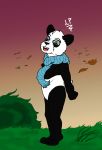  ambiguous_gender autumn baby bear blue_eyes cub fluffy green_eyes heterochromia iampretor leaves mammal panda scarf solo wind young 