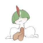  blush cum cum_in_hair cum_on_body cum_on_face disembodied_hand disembodied_penis erection female full_body green_hair hair hair_over_eyes male nintendo open_mouth penis pok&eacute;mon pok&eacute;mon_(species) ralts short_hair simple_background sitting solo_focus spread_legs spreading tears uncensored video_games white_background youjomodoki 