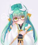  adjusting_eyewear aqua_hair bespectacled black-framed_eyewear blush closed_mouth commentary_request dragon_horns eyebrows_visible_through_hair fate/grand_order fate_(series) glasses grey_background hair_ornament hand_on_own_chest hand_up head_tilt heart horns japanese_clothes kimono kiyohime_(fate/grand_order) long_hair long_sleeves looking_at_viewer nanahachi obi ribbon sash shiny shiny_hair simple_background smile solo spoken_blush upper_body very_long_hair white_kimono wide_sleeves yellow_eyes yellow_ribbon 