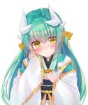  aqua_hair blush closed_mouth commentary_request dragon_horns eyebrows_visible_through_hair fate/grand_order fate_(series) hair_ornament hand_on_own_chest hand_up head_tilt horns japanese_clothes kimono kiyohime_(fate/grand_order) long_hair long_sleeves looking_at_viewer nanahachi obi ribbon sash shiny shiny_hair simple_background smile solo upper_body very_long_hair white_background white_kimono wide_sleeves yellow_eyes yellow_ribbon 