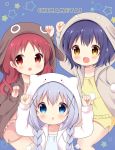  :d animal_ears animal_hood anko_(gochiusa) arm_up arms_up bangs blue_background blue_eyes blue_hair blue_shirt blush braid brown_eyes brown_jacket bunny_ears bunny_hood character_hood chatsune_(white_lolita) chimame-tai collarbone commentary_request ears_down eyebrows_visible_through_hair fang gochuumon_wa_usagi_desu_ka? hair_between_eyes hair_ornament hood hood_up hooded_jacket jacket jouga_maya kafuu_chino long_hair long_sleeves low_twintails multiple_girls natsu_megumi open_clothes open_jacket open_mouth parted_lips pink_shirt pink_shorts pom_pom_(clothes) red_eyes red_hair shirt short_shorts shorts simple_background sleeves_past_wrists smile star tippy_(gochiusa) twin_braids twintails white_jacket wild_geese x_hair_ornament yellow_shirt yellow_shorts 